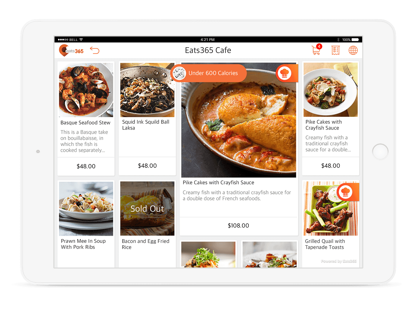 iPad POS showing food menu with different combo, modifier and ordering.